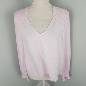 Bella Dahl Light Pink Smoked Shoulder And Cuff V Neck Hi Low Hem Top Size Medium